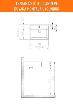 Aqua Bagno Plan Tezgah Üstü Kare Çanak Lavabo, 50x38 cm. Beyaz