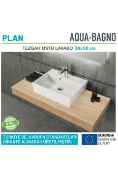 Aqua Bagno Plan Tezgah Üstü Kare Çanak Lavabo, 50x38 cm. Beyaz