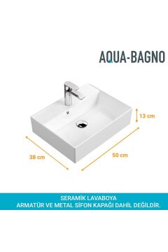 Aqua Bagno Plan Tezgah Üstü Kare Çanak Lavabo, 50x38 cm. Beyaz