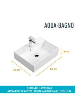Aqua Bagno Plan Tezgah Üstü Kare Çanak Lavabo, 50x38 cm. Beyaz