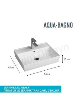 Aqua Bagno Plan Tezgah Üstü Kare Lavabo, 55x45 cm. Beyaz