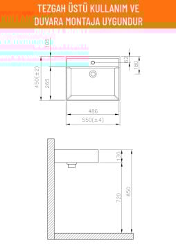 Aqua Bagno Plan Tezgah Üstü Kare Lavabo, 55x45 cm. Beyaz