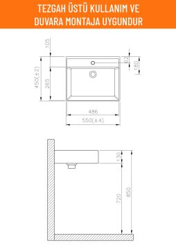 Aqua Bagno Plan Tezgah Üstü Kare Lavabo, 55x45 cm. Beyaz