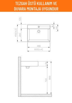Aqua Bagno ''Plan'' Lavabo ,60 x 45 cm., mat siyah