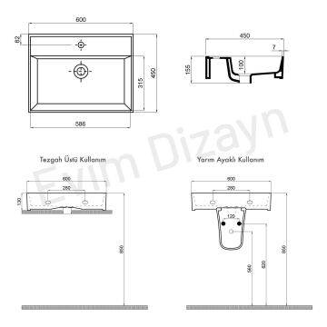 Aqua Bagno ''Plan'' Lavabo ,60 x 45 cm., mat siyah