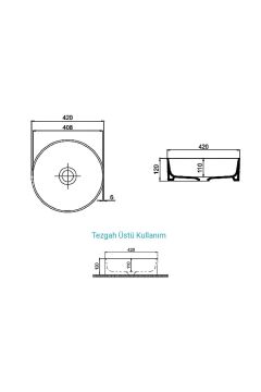Aqua Bagno Bianzo Tezgah Üstü Çanak Lavabo, Batarya Deliksiz, 42 Cm Beyaz