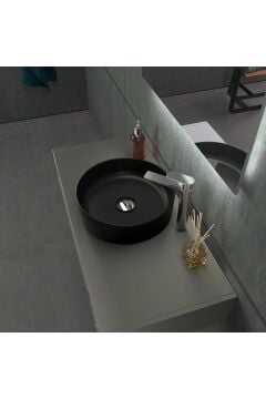 Aqua Bagno ''Bianzo'' Tezgah Üstü Lavabo, Batarya Deliksiz, 42 Cm Siyah Mat