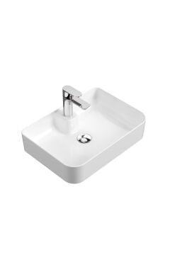 Mestola Tezgah Üstü Kare Çanak Lavabo Batarya Delikli 50 X 35 Cm Beyaz