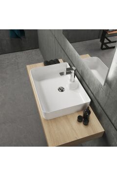 Mestola Tezgah Üstü Kare Çanak Lavabo Batarya Delikli 50 X 35 Cm Beyaz