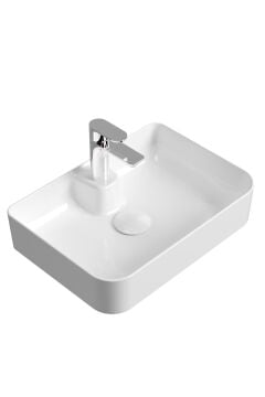 Mestola Tezgah Üstü Kare Çanak Lavabo Batarya Delikli 60 X 42 Cm Beyaz