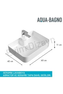 Mestola Tezgah Üstü Kare Çanak Lavabo Batarya Delikli 60 X 42 Cm Beyaz