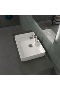 Mestola Tezgah Üstü Kare Çanak Lavabo Batarya Delikli 60 X 42 Cm Beyaz