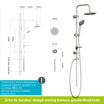 Spring Basic  Tepe Robot Duşu +  Basic Banyo Bataryası- 2 parça SET  , Parlak Krom
