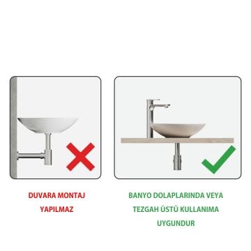 Aqua Bagno Minizia Tezgah Üstü Çanak Lavabo,batarya deliksiz,40 cm Beyaz