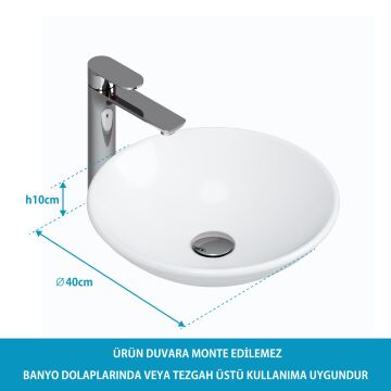 Aqua Bagno Minizia Tezgah Üstü Çanak Lavabo,batarya deliksiz,40 cm Beyaz