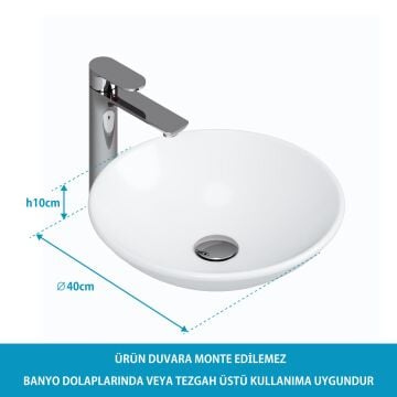 Aqua Bagno Minizia Tezgah Üstü Çanak Lavabo,batarya deliksiz,40 cm Beyaz