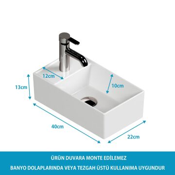 Plan Tezgah Üstü Kare Lavabo, 40x 22 cm. Beyaz