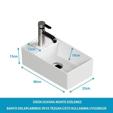 Plan Tezgah Üstü Kare Lavabo, 40x 22 cm. Beyaz