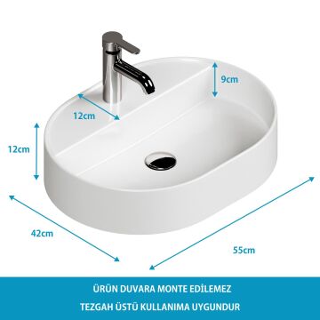 Bianzo Tezgah Üstü  Lavabo,Batarya delikli ,  55x 42 cm. Beyaz