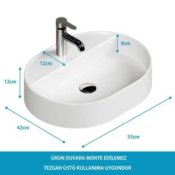 Bianzo Tezgah Üstü  Lavabo,Batarya delikli ,  55x 42 cm. Beyaz