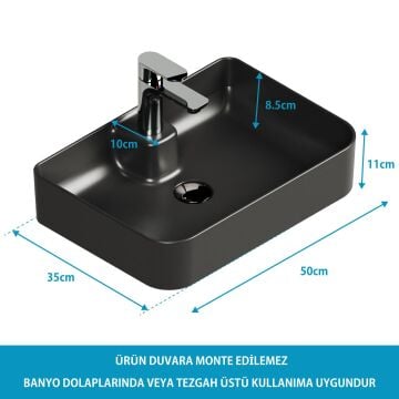 Aqua Bagno Mestola  Tezgah Üstü Lavabo Batarya Delikli, 50x35 cm. ,Mat Siyah