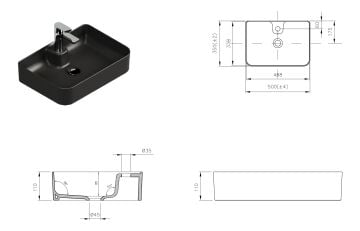 Aqua Bagno Mestola  Tezgah Üstü Lavabo Batarya Delikli, 50x35 cm. ,Mat Siyah