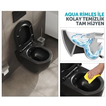 Aqua Bagno Voca  Asma Klozet 54 cm. , Mat siyah  -Set 2 parça -DP kapak dahil