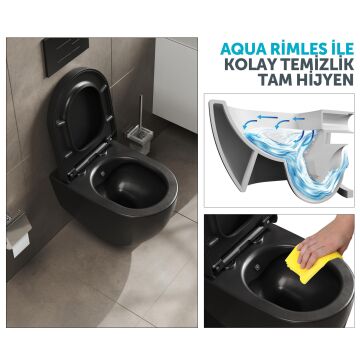 Aqua Bagno Voca  Asma Klozet 54 cm. , Mat siyah  -Set 2 parça -DP kapak dahil