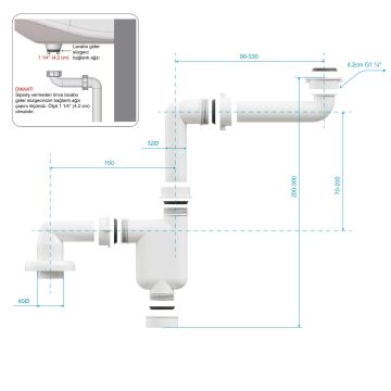 Aqua Bagno Comfort yer kazandıran lavabo sifonu, kolay temizlenir, ayarlanabilir koku önleyici gider borulu - 32 mm-Süzgeç hariç
