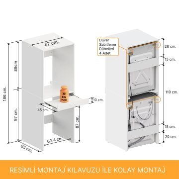 Aqua Bagno Voca Smartbox Çamaşır ve Kurutma Makinesi Dolabı Beyaz -Çekmeceli