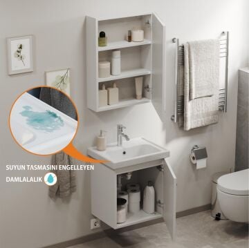 Aqua Bagno Basic Alt dolap + Üst dolap -Lavabo dahil-Beyaz ,50 cm. 3 parça