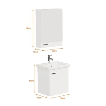 Aqua Bagno Basic Alt dolap + Üst dolap -Lavabo dahil-Beyaz ,50 cm. 3 parça