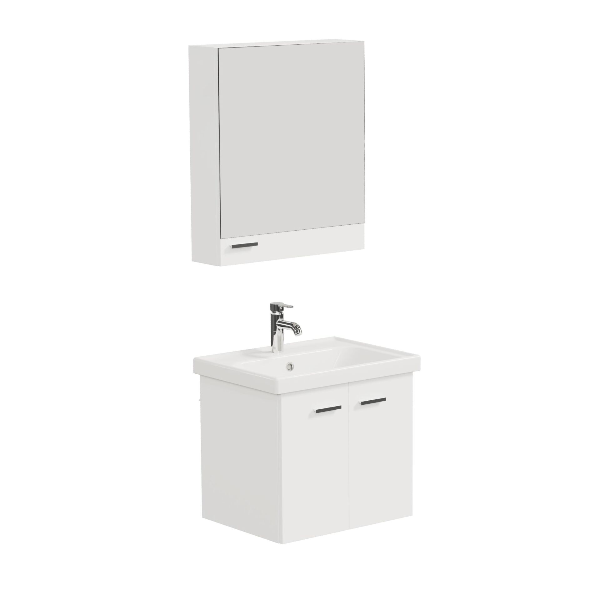 Aqua Bagno Basic Alt dolap + Üst dolap -Lavabo dahil-Beyaz ,60 cm. 3 parça