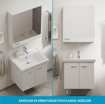 Aqua Bagno Basic Alt dolap + Üst dolap -Lavabo dahil-Beyaz ,60 cm. 3 parça