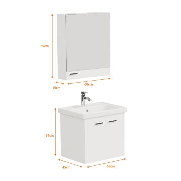 Aqua Bagno Basic Alt dolap + Üst dolap -Lavabo dahil-Beyaz ,60 cm. 3 parça
