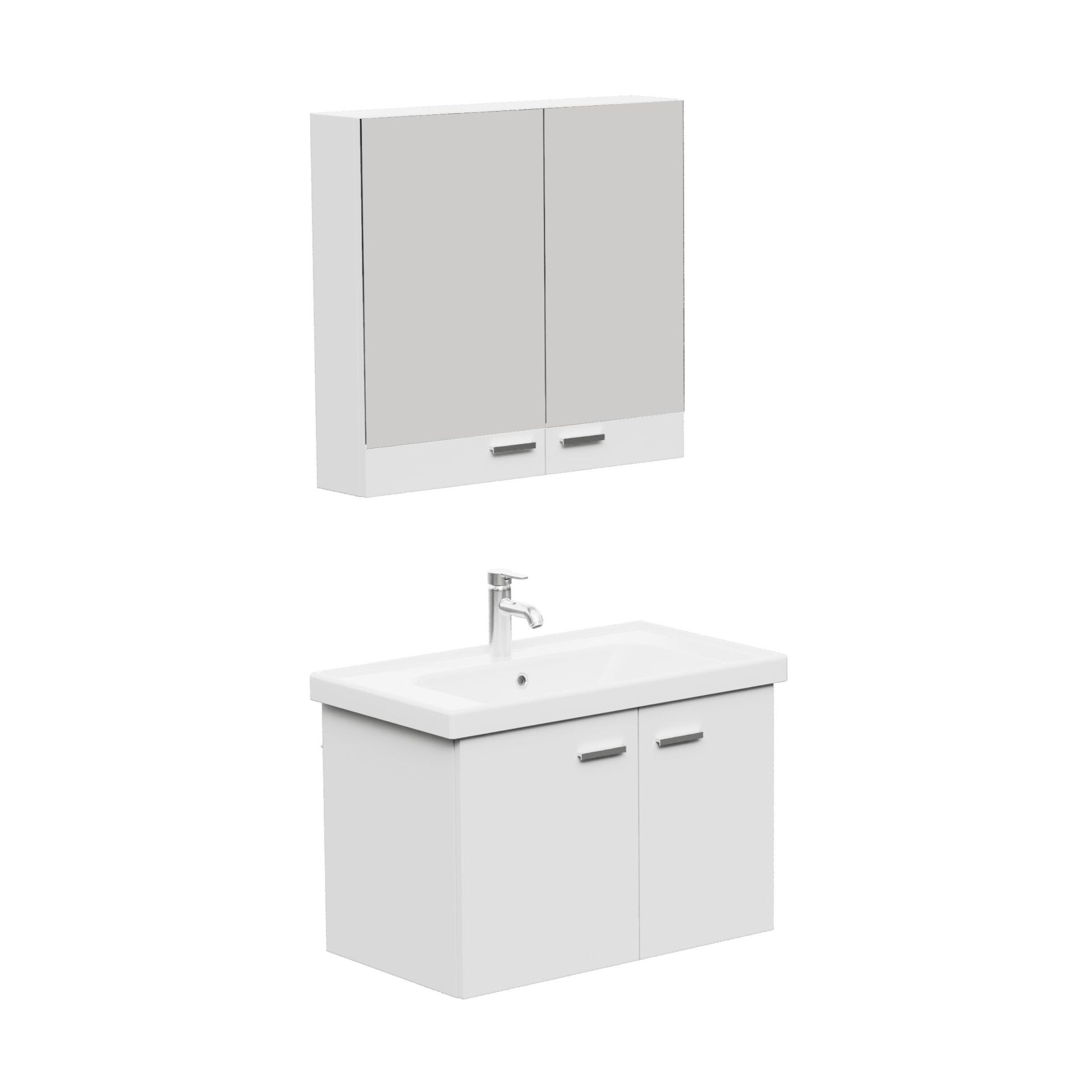 Aqua Bagno Basic Alt dolap + Üst dolap -Lavabo dahil-Beyaz ,80 cm. 3 parça