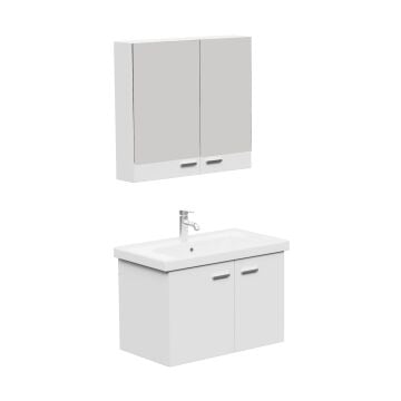 Aqua Bagno Basic Alt dolap + Üst dolap -Lavabo dahil-Beyaz ,80 cm. 3 parça
