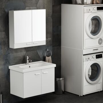 Aqua Bagno Basic Alt dolap + Üst dolap -Lavabo dahil-Beyaz ,80 cm. 3 parça