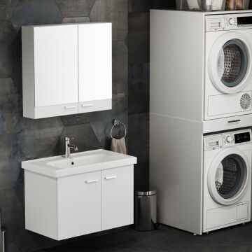 Aqua Bagno Basic Alt dolap + Üst dolap -Lavabo dahil-Beyaz ,80 cm. 3 parça