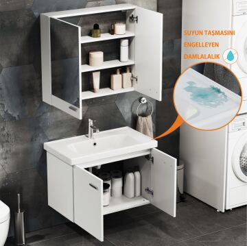 Aqua Bagno Basic Alt dolap + Üst dolap -Lavabo dahil-Beyaz ,80 cm. 3 parça
