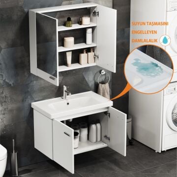 Aqua Bagno Basic Alt dolap + Üst dolap -Lavabo dahil-Beyaz ,80 cm. 3 parça