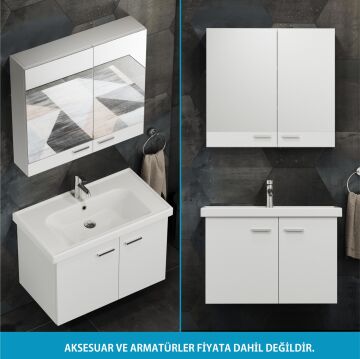 Aqua Bagno Basic Alt dolap + Üst dolap -Lavabo dahil-Beyaz ,80 cm. 3 parça