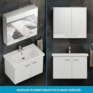Aqua Bagno Basic Alt dolap + Üst dolap -Lavabo dahil-Beyaz ,80 cm. 3 parça