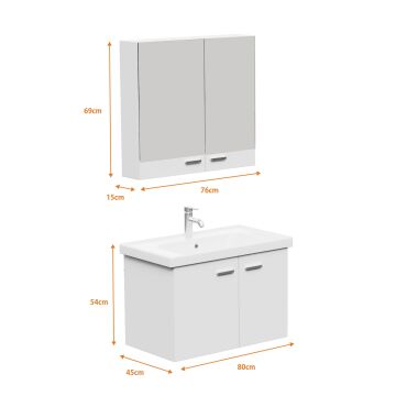 Aqua Bagno Basic Alt dolap + Üst dolap -Lavabo dahil-Beyaz ,80 cm. 3 parça