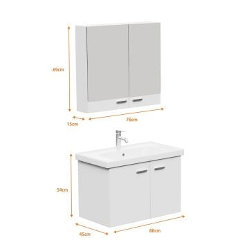 Aqua Bagno Basic Alt dolap + Üst dolap -Lavabo dahil-Beyaz ,80 cm. 3 parça