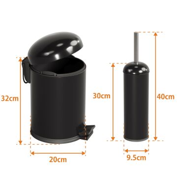 Aqua Bagno Smile  Klozet Fırçası + Çöp Kovası 5 lt -2 Parça Set, Mat siyah