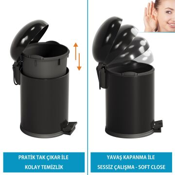 Aqua Bagno Smile  Klozet Fırçası + Çöp Kovası 5 lt -2 Parça Set, Mat siyah