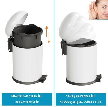 Aqua Bagno Smile  Klozet Fırçası + Çöp Kovası 5 lt -2 Parça Set, Beyaz