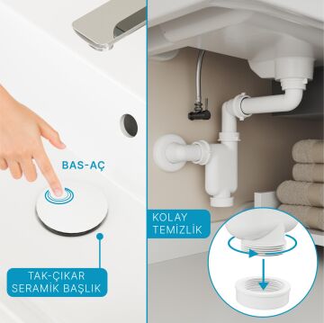 Aqua Bagno Comfort yer kazandıran lavabo sifonu +  Pop-up Sifon, Beyaz Seramik Başlıklı ,Taşma Delikli,  (1 -1/4)