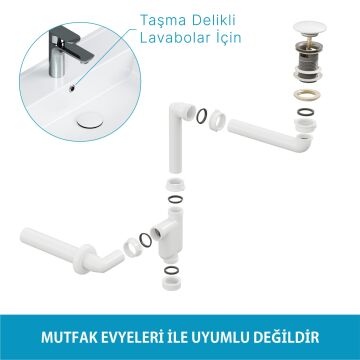 Aqua Bagno Comfort yer kazandıran lavabo sifonu +  Pop-up Sifon, Beyaz Seramik Başlıklı ,Taşma Delikli,  (1 -1/4)